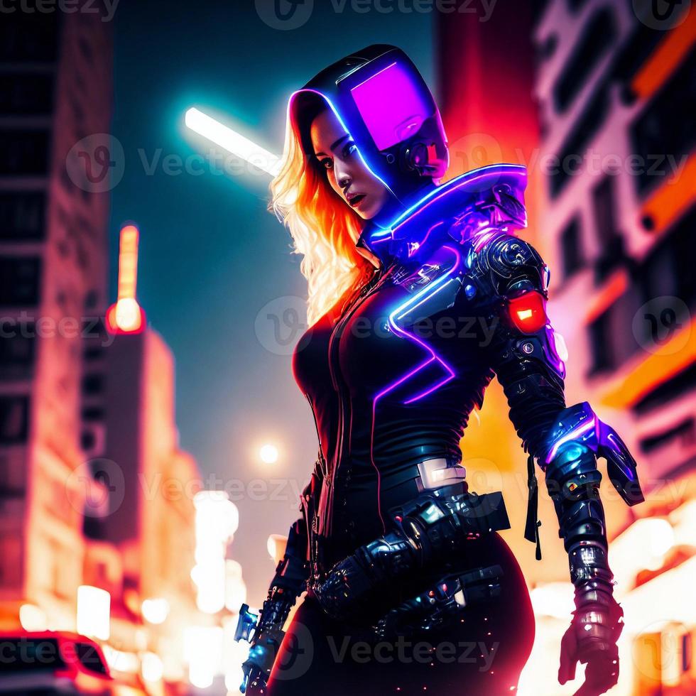 Premium AI Image  Cyberpunk styled woman on city background