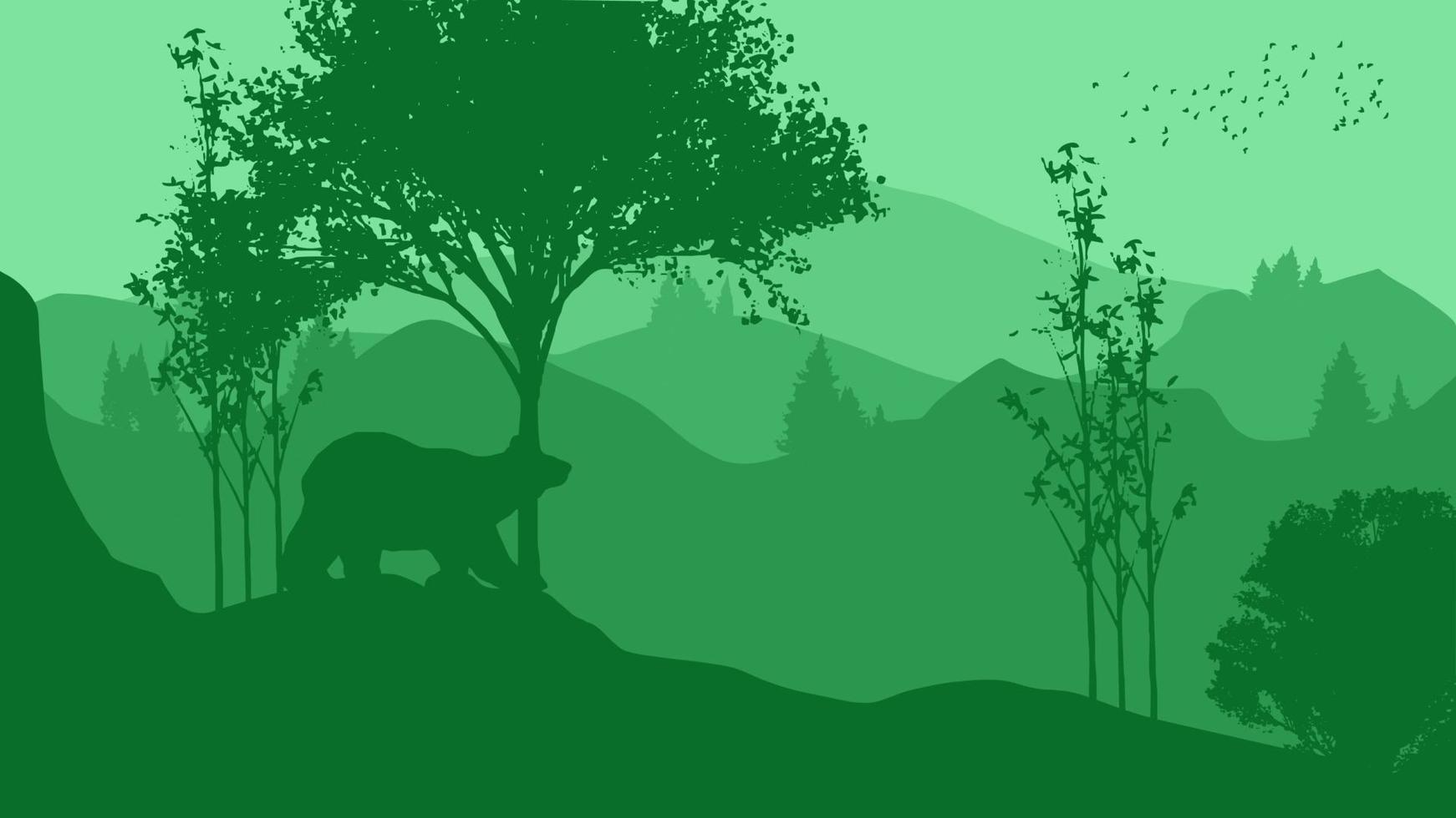 vector ilustración de un paisaje silueta de un oso en el bosque con un verde tema