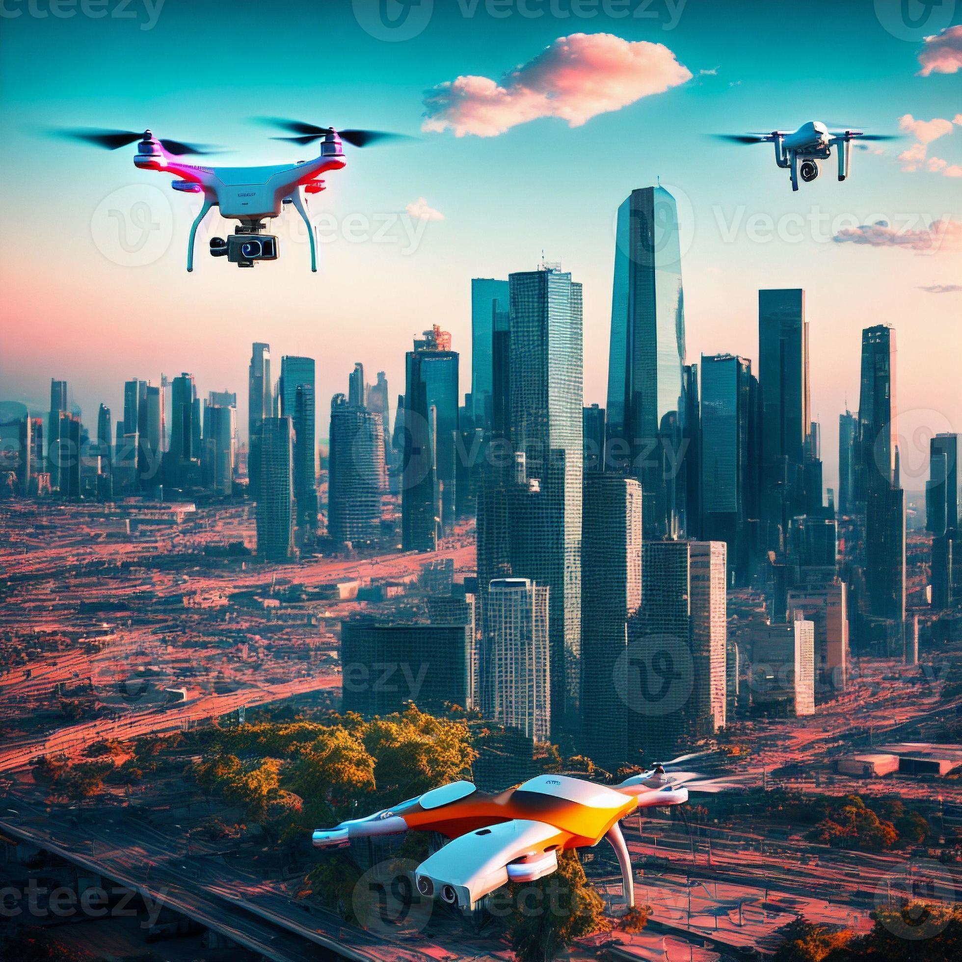 surveillance drone with video camera and future city background