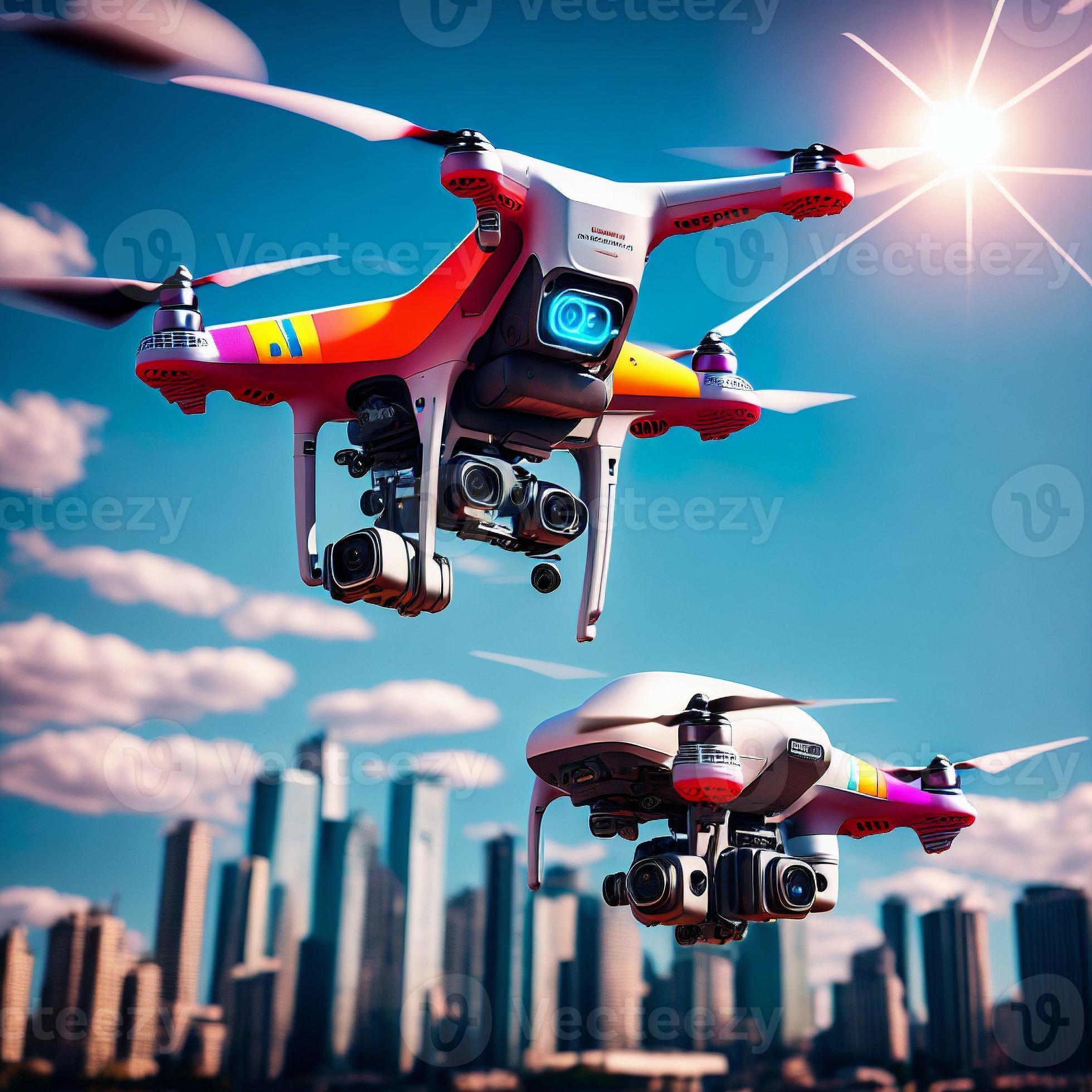 surveillance drone with video camera and future city background