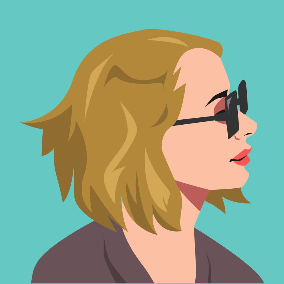 retrato de un hermosa joven mujer. lado vista. vistiendo un Gafas de sol, cabello corto. avatar para social medios de comunicación. de colores. para perfil, plantilla, imprimir, pegatina, póster, etc. plano vector ilustración.