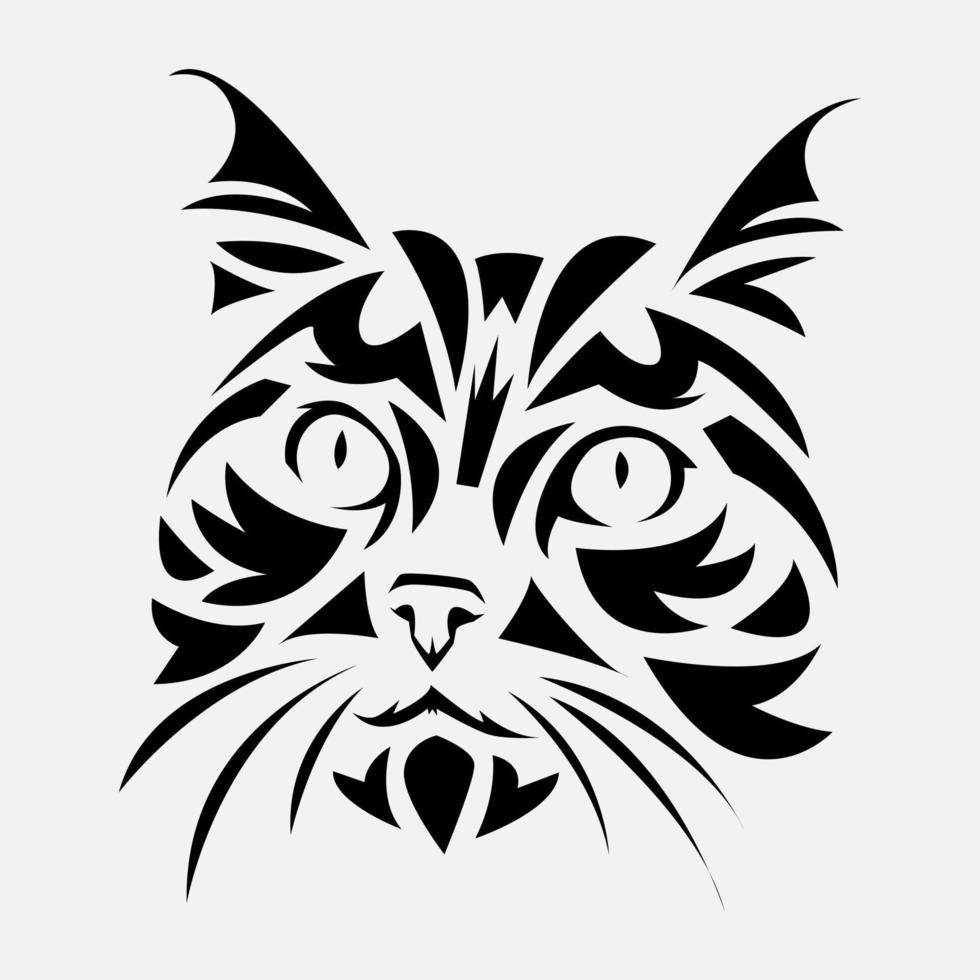 black and white portrait of cat face with tribal tattoo style. isolated white background. flat vector illustration.