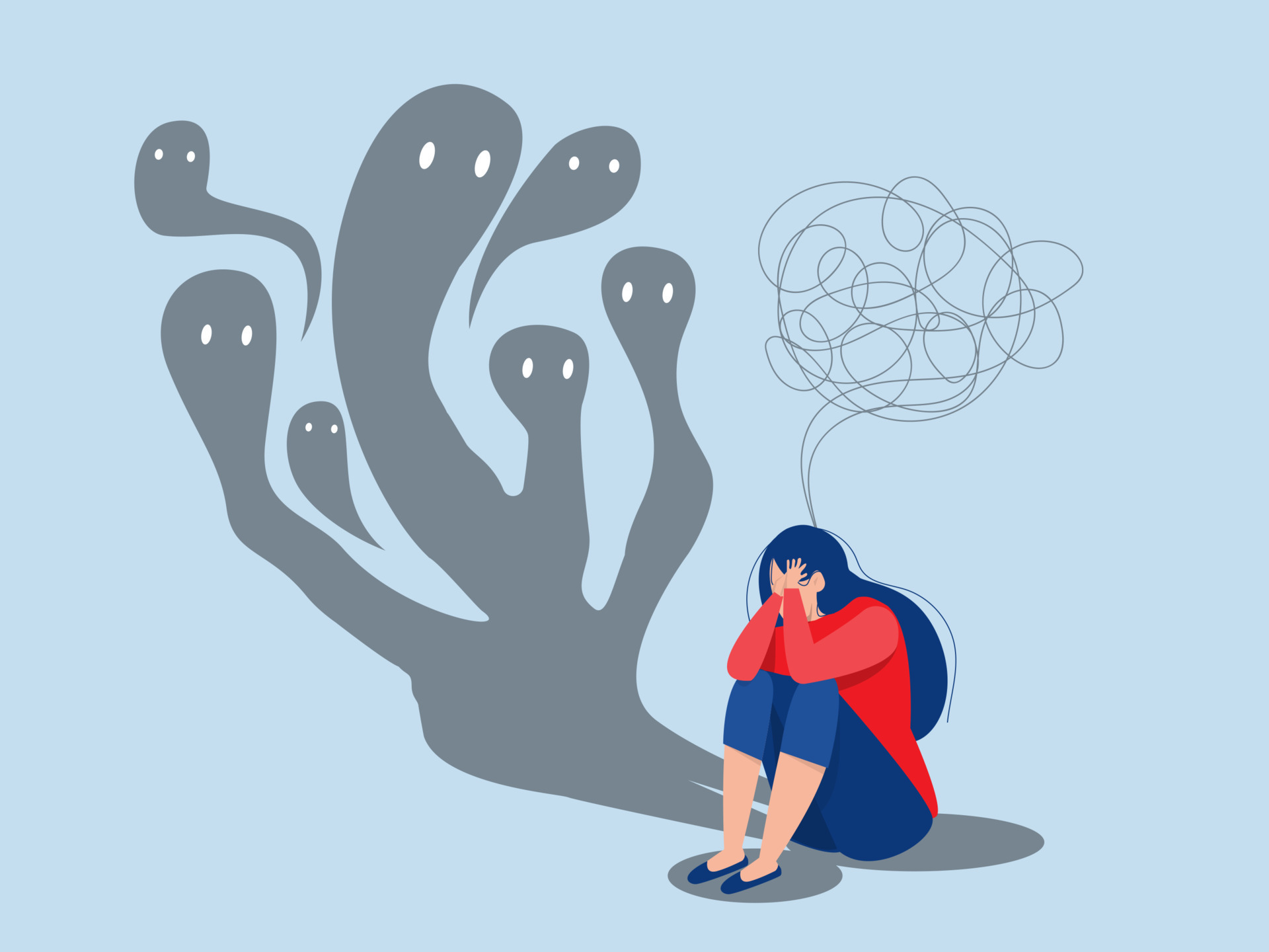 Fear attack concept girl sitting on floor and struggling with inner
