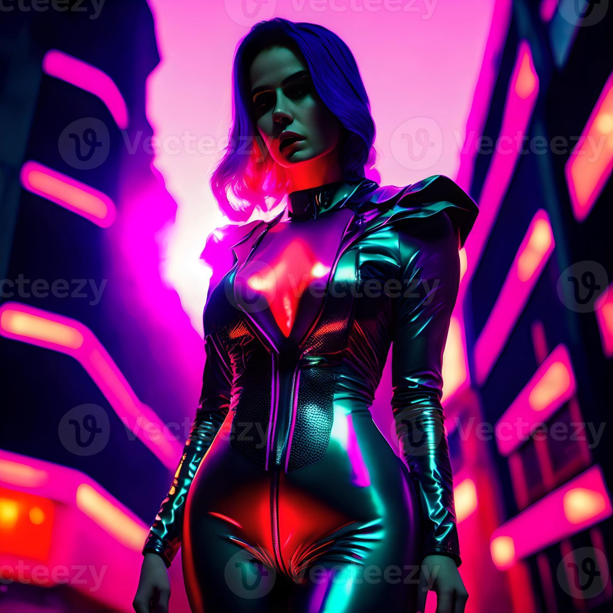 Cyberpunk future woman in rubber latex suit with neon light generative
