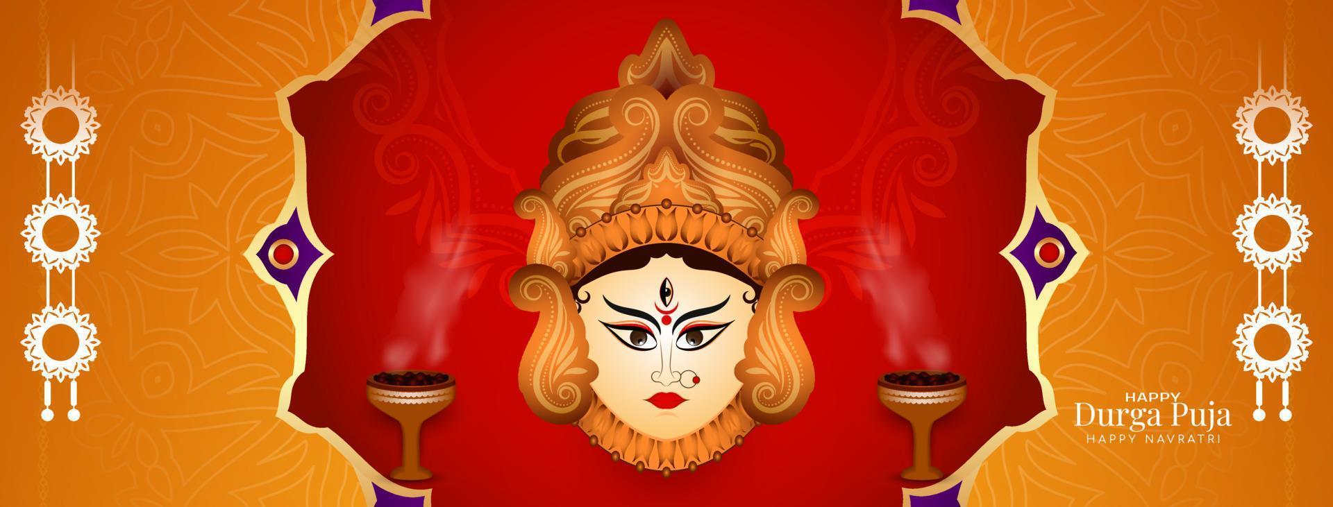 Durga puja y contento navratri festival bandera con diosa Durga cara vector