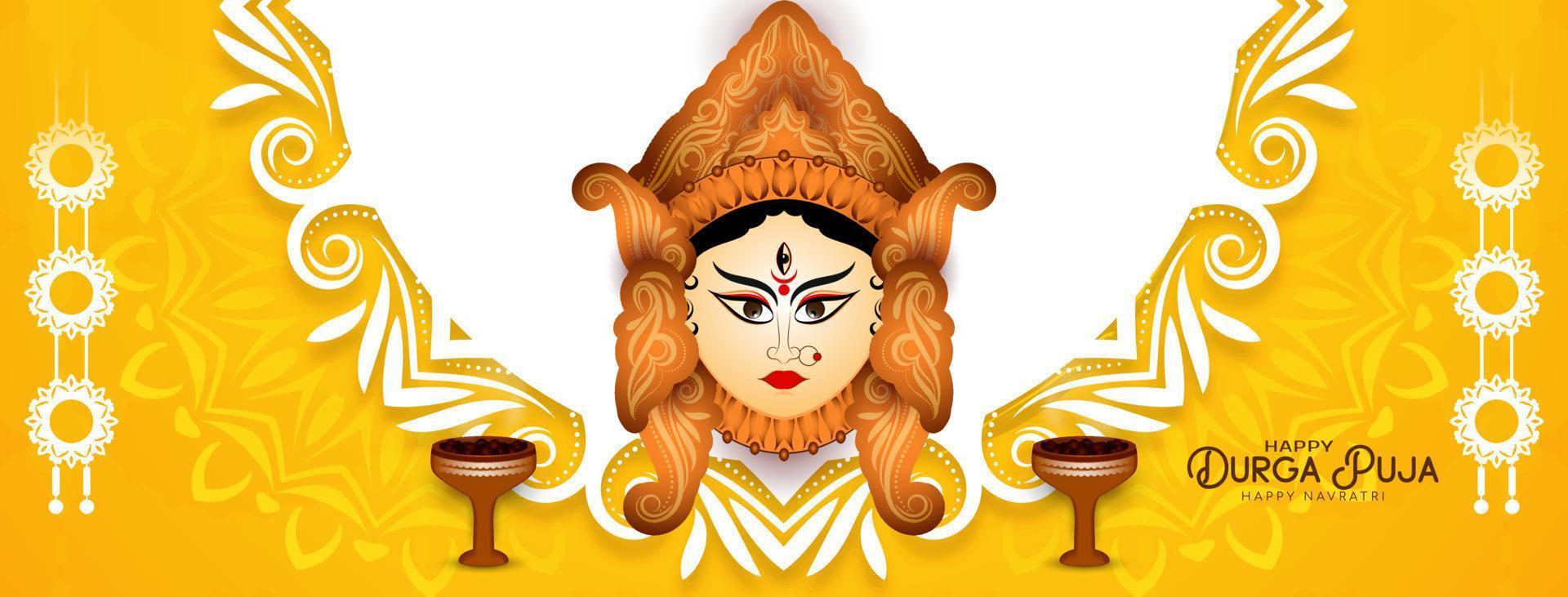 Durga Puja and Happy navratri festival banner with goddess Durga face vector