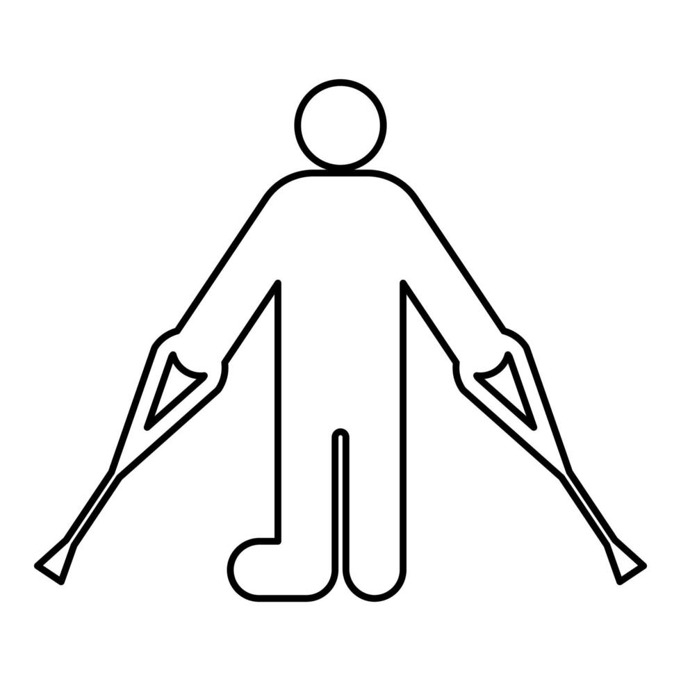 Man with broken leg crutch cane gypsum foot stick using sticks person crutches trauma concept contour outline line icon black color vector illustration image thin flat style