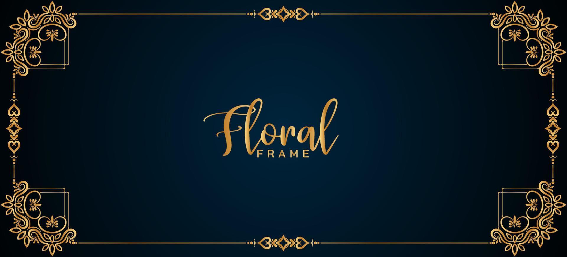 Classic golden floral frame border blue banner design vector