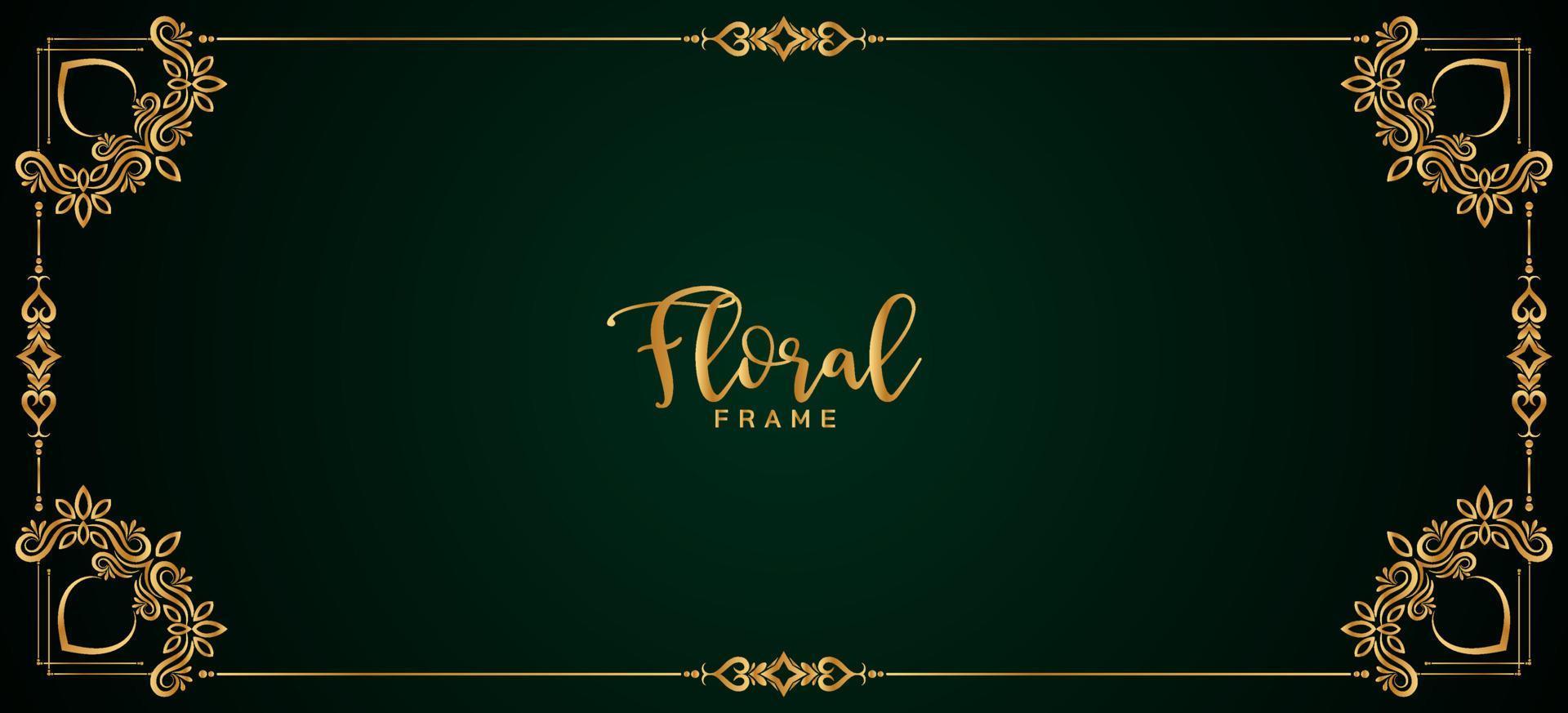 Abstract golden floral frame border dark green banner design vector