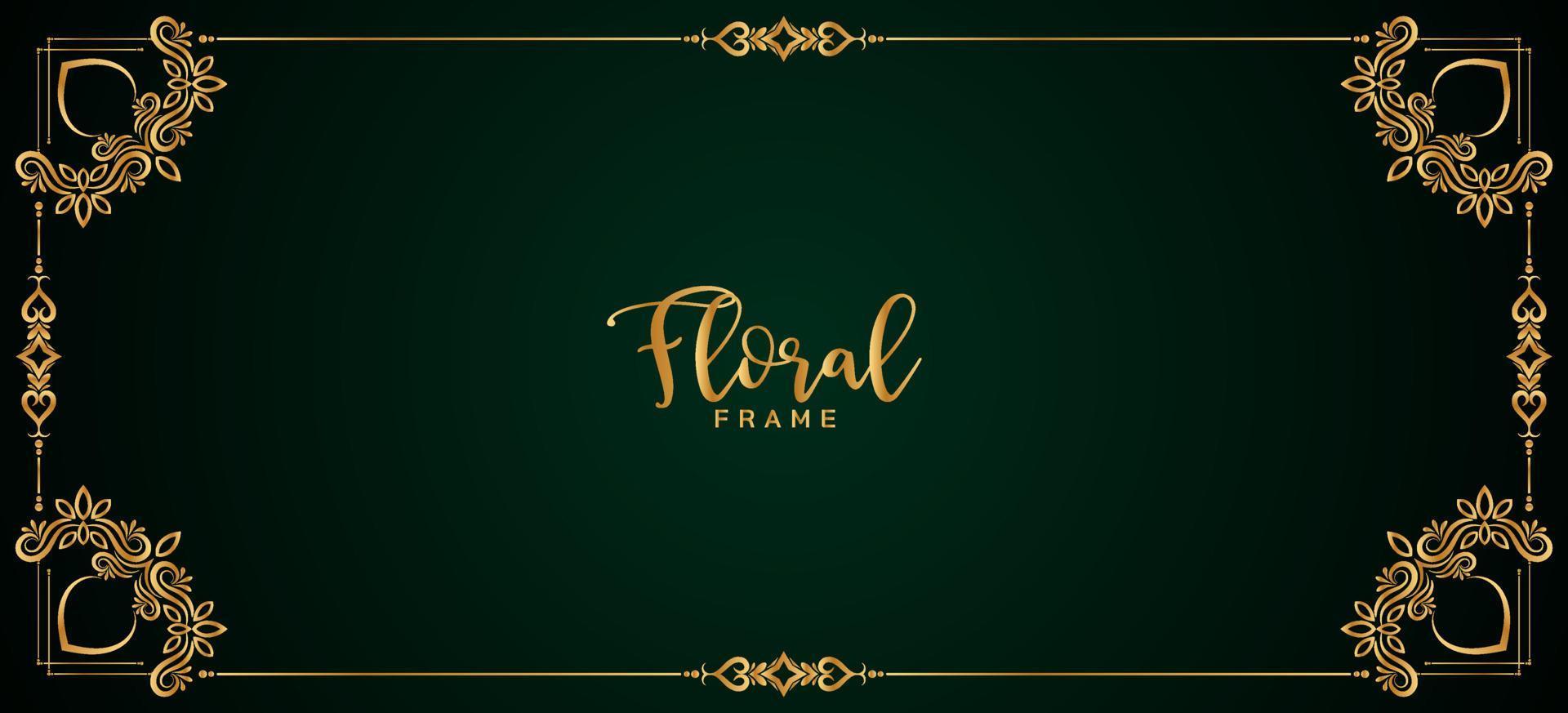 Abstract golden floral frame border dark green banner design vector