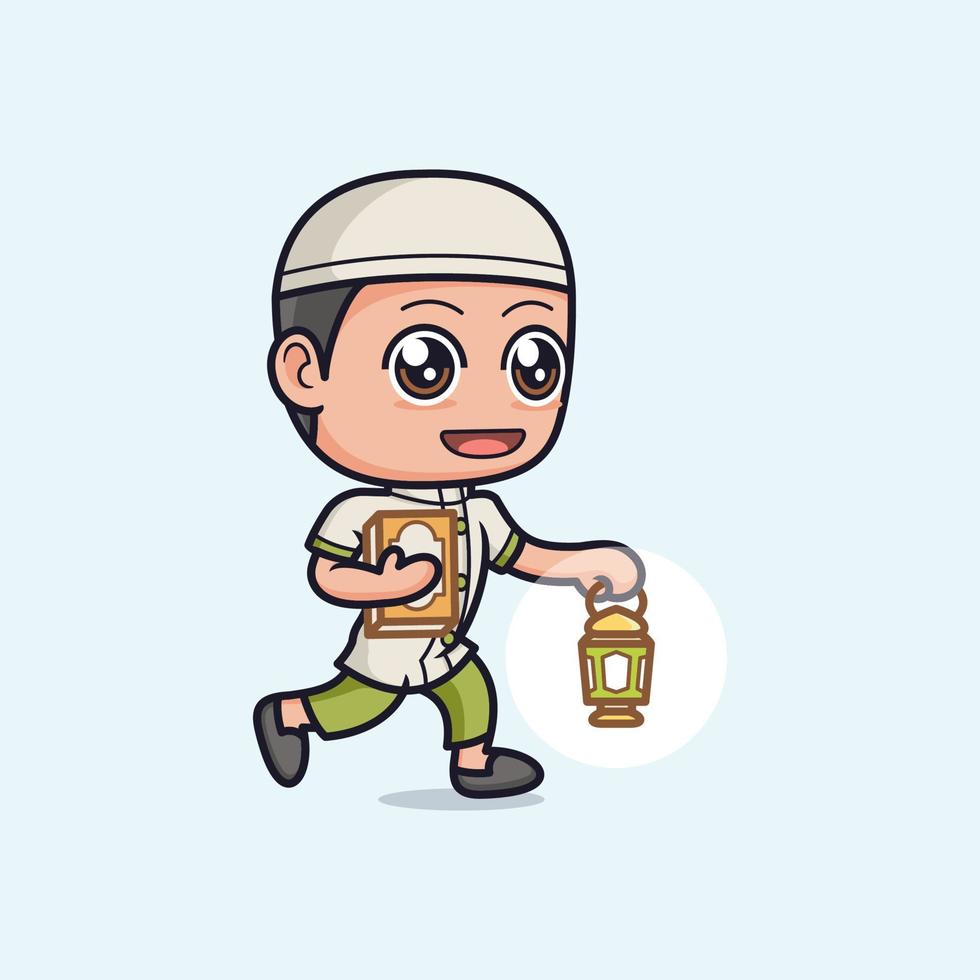 cute muslim boy cartoon with lantern vector