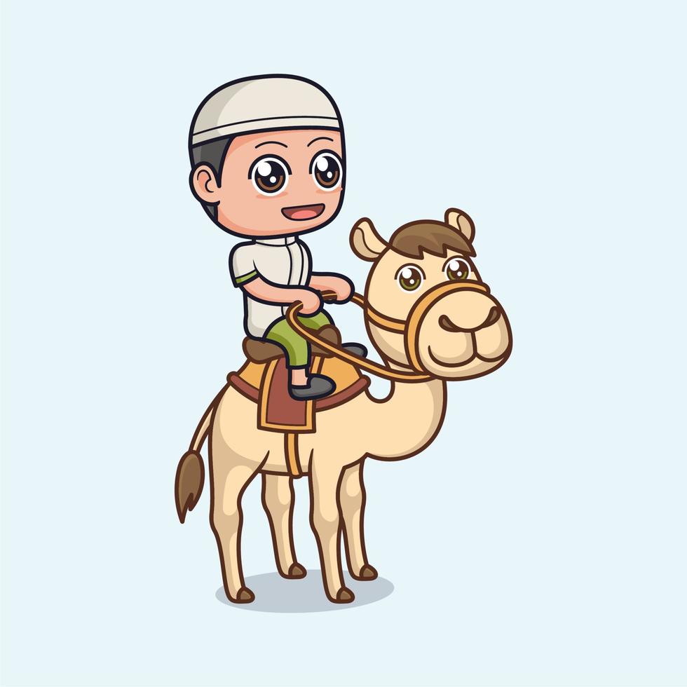 cute muslim boy cartoon with camel vector