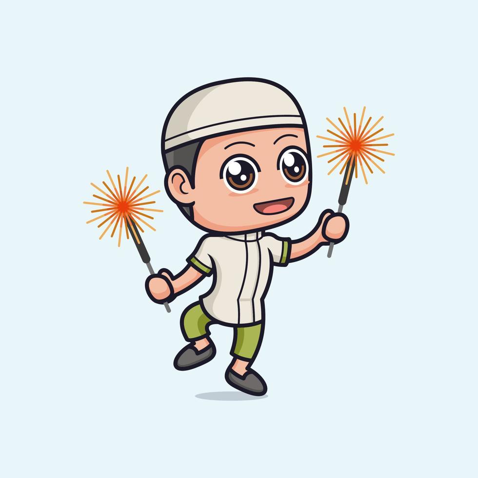 cartoon cute muslim boy with fireworks vector