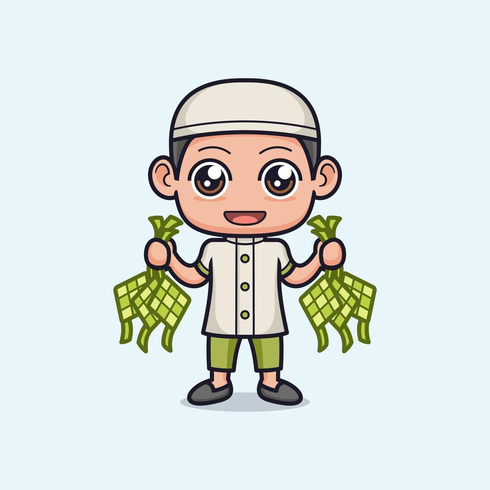 cute muslim boy cartoon with ketupat vector