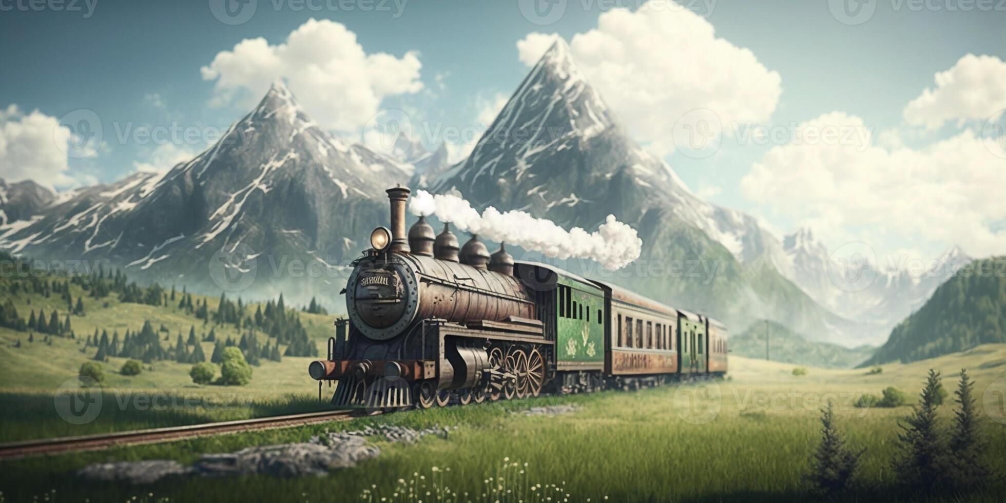Ancient Trains Passes In a vast meadow with Mountains in the background, photo