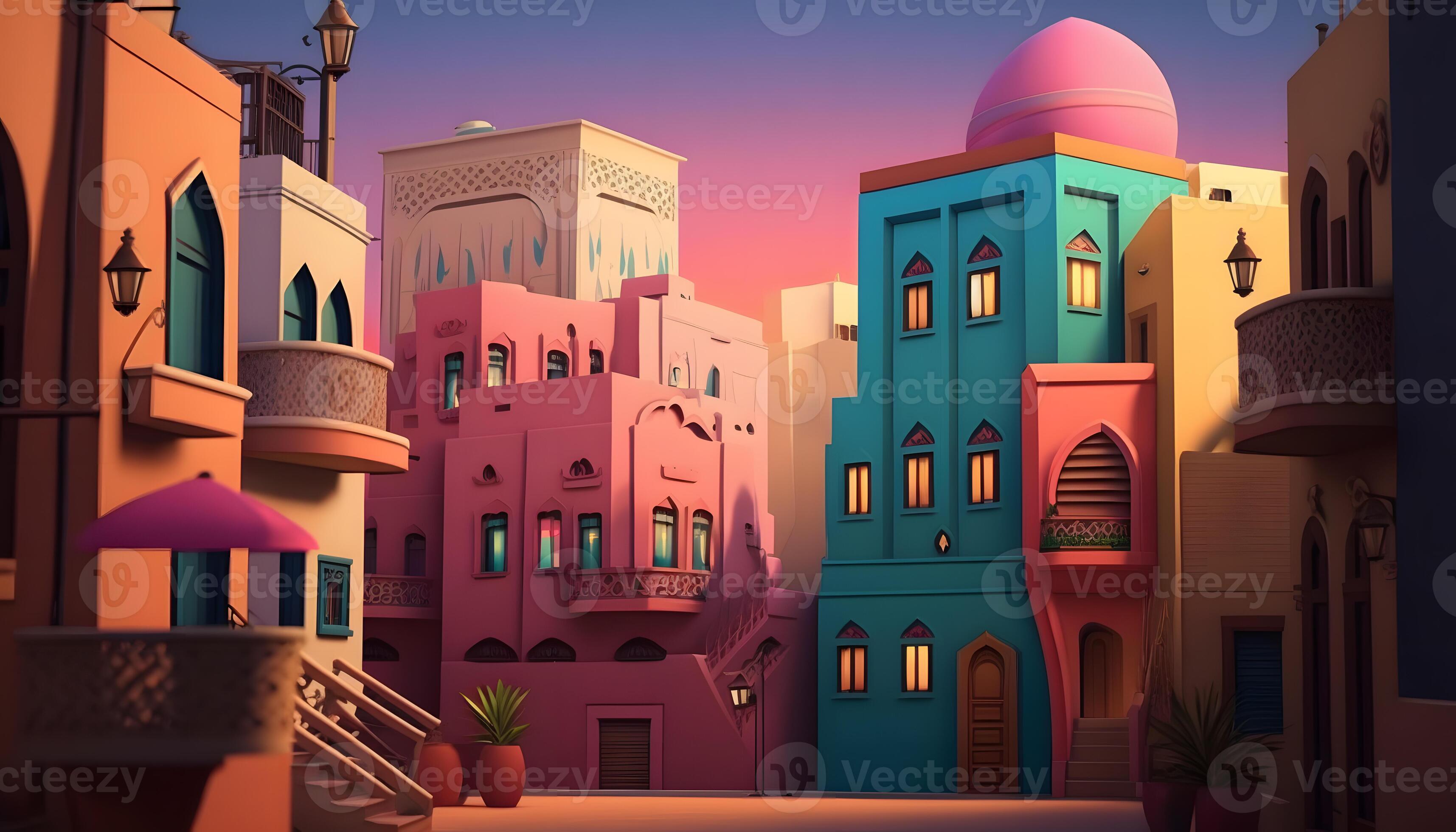 Pastel Middle Eastern Building Illustration for Wallpaper or Background