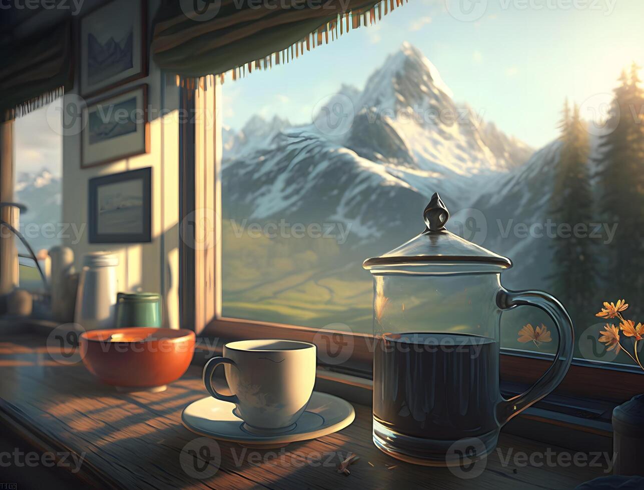 Morning Tea with a View, Enjoying a Cup of Hot Tea with a Mountain Landscape Through the Window, photo