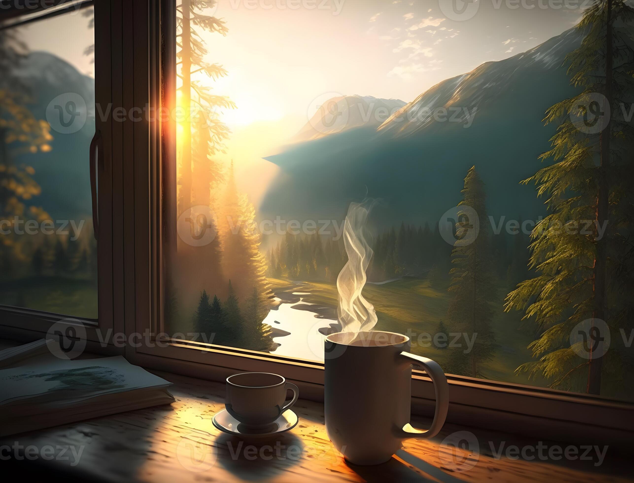 Morning Tea with a View, Enjoying a Cup of Hot Tea with a Mountain