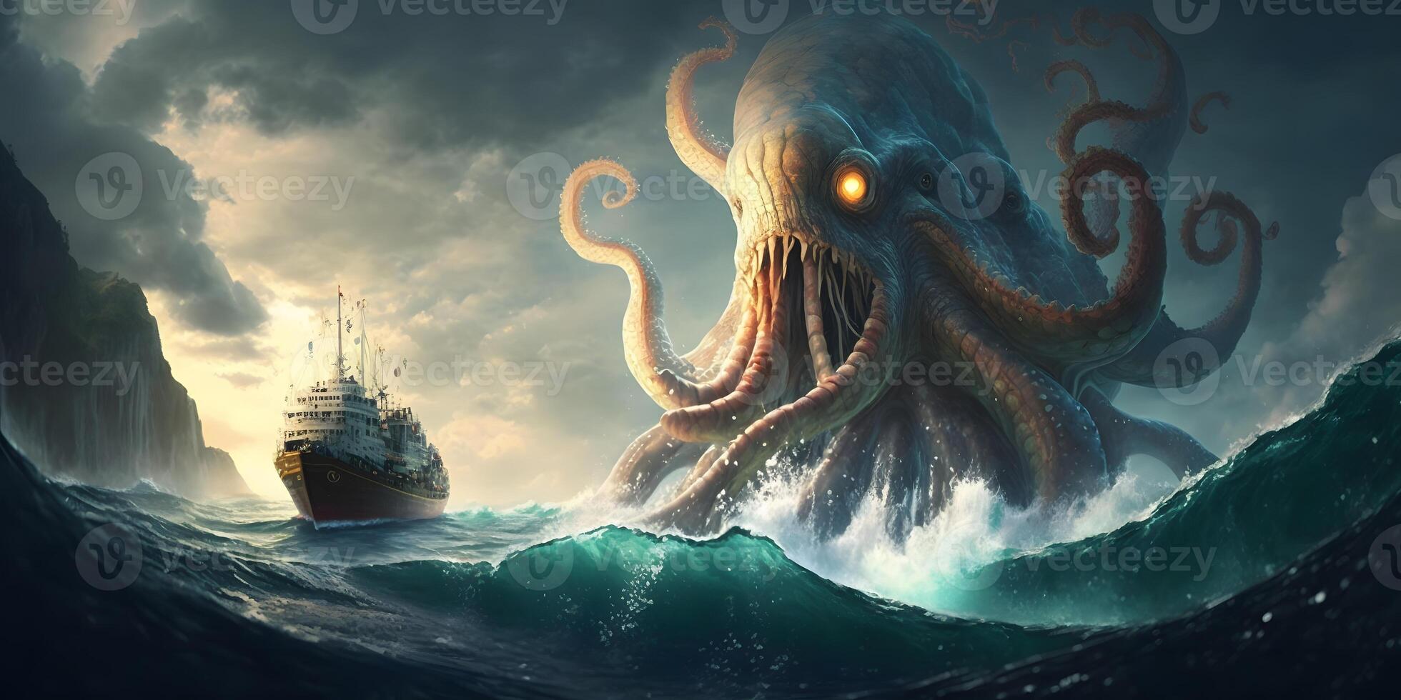 Kraken or Cthulhu Attack on Ship in the Ocean, AI Generated 21773935 Stock  Photo at Vecteezy