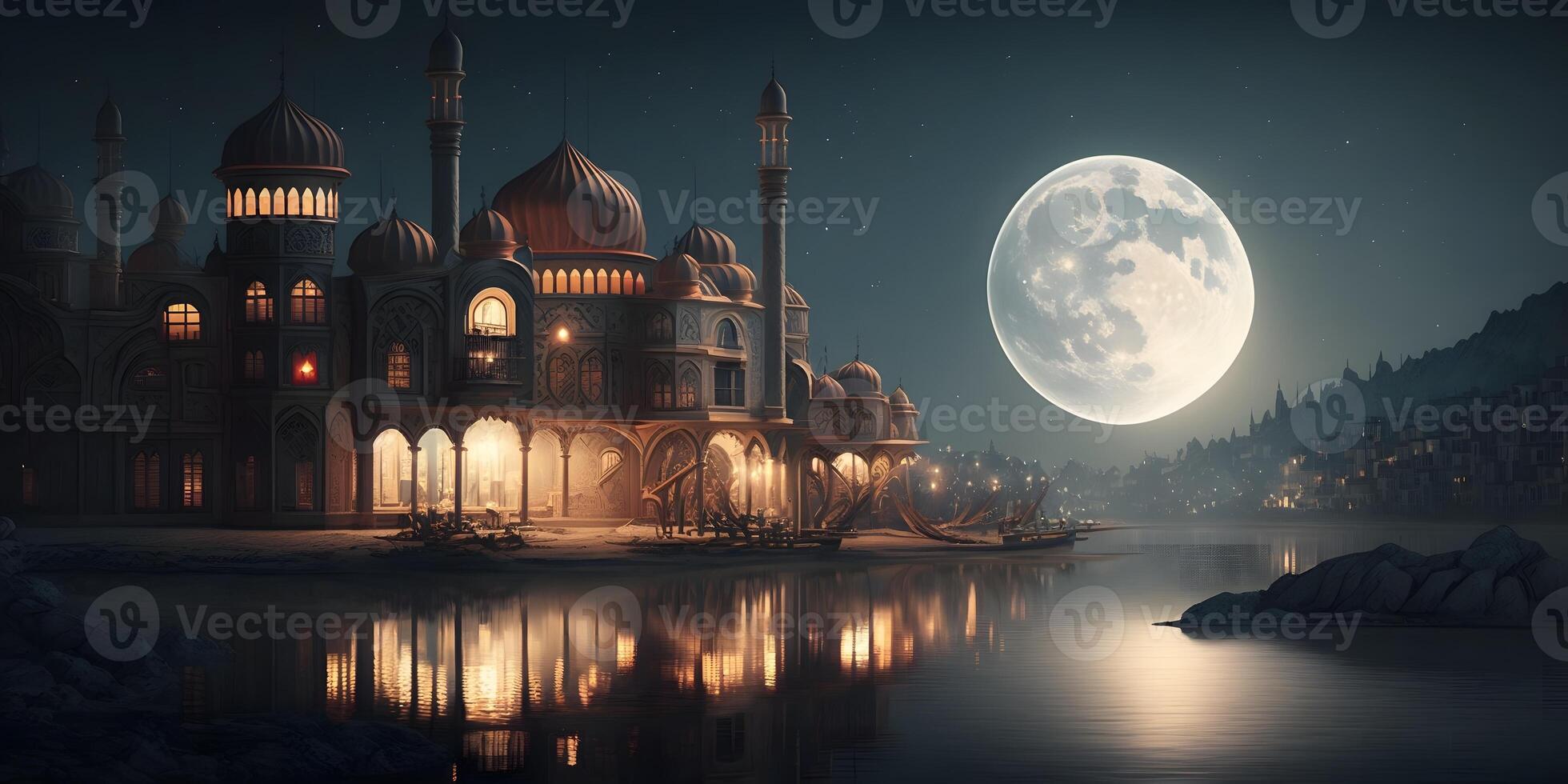 Magnificent Mosque Illuminated by Moonlight during full moon, photo