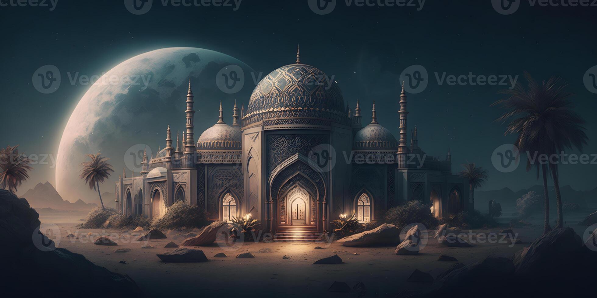 Magnificent Mosque Illuminated by Moonlight during full moon, photo