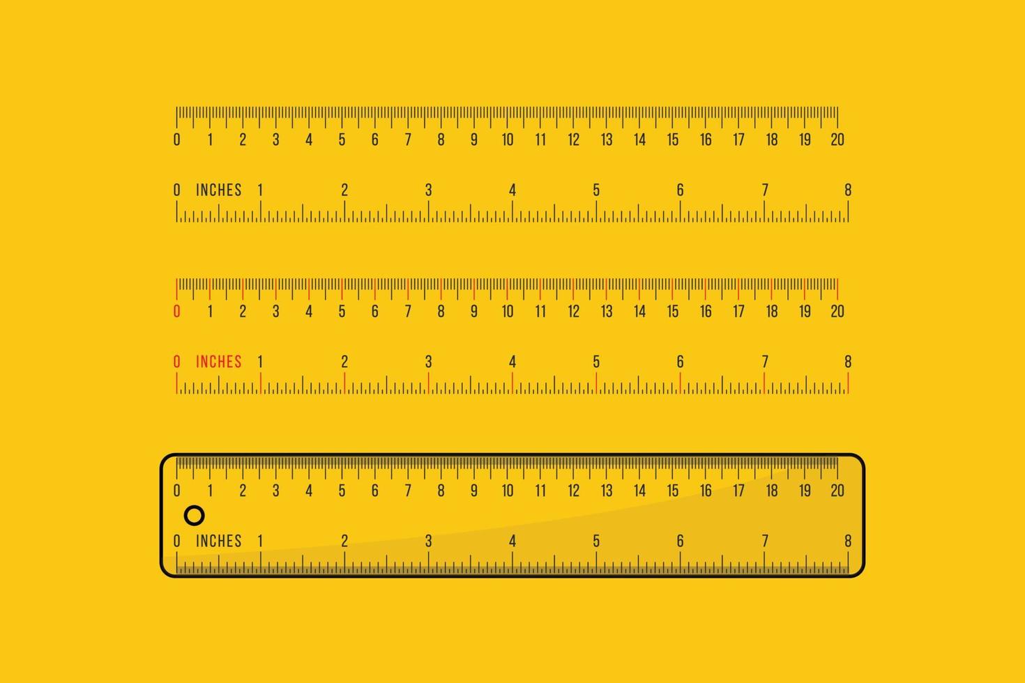 Yellow rulers, marked in centimeters and inches vector