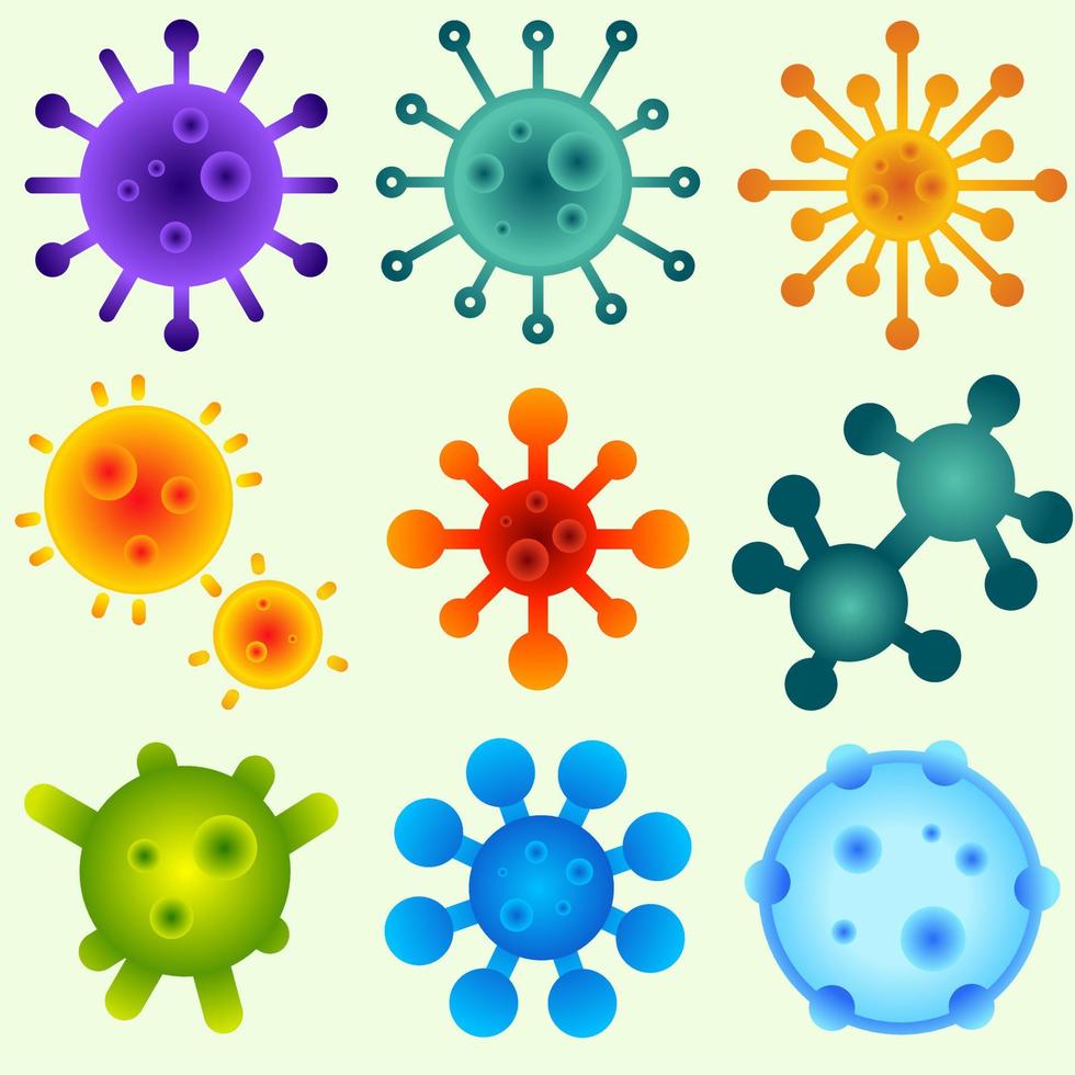 Virus vector illustration set. Viruses icon for illustration of coronavirus, pandemic, outbreak or quarantine. Covid-19 illustration for design regarding virus, infection, bacteria, germ and illness