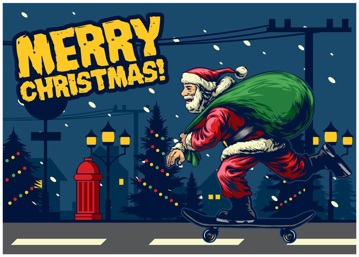 santa claus ride skateboard around city vector