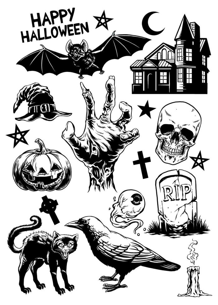 set of hand drawing of haloween objects in black and white vector