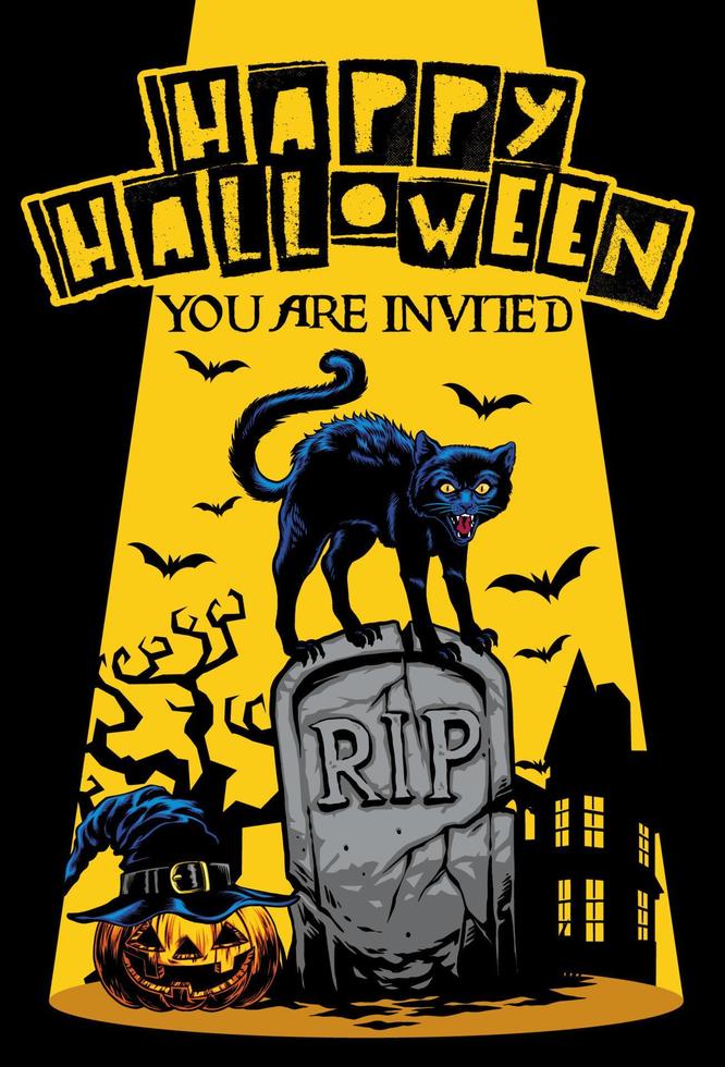 halloween invitation design with cat standing on the top of tombstone vector