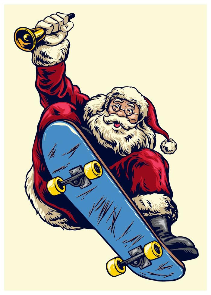 mano dibujo Papa Noel claus montando patineta y traer el campana vector