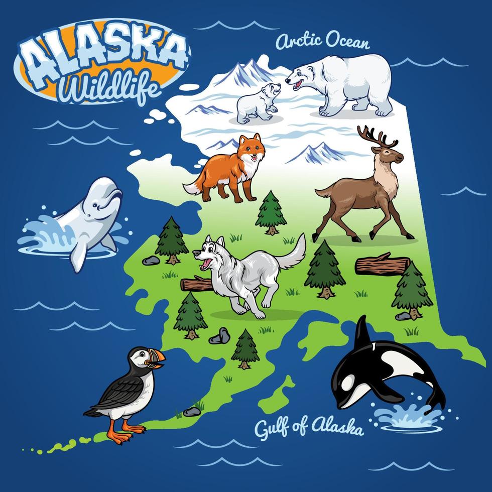 Alaska fauna silvestre mapa en dibujos animados estilo vector