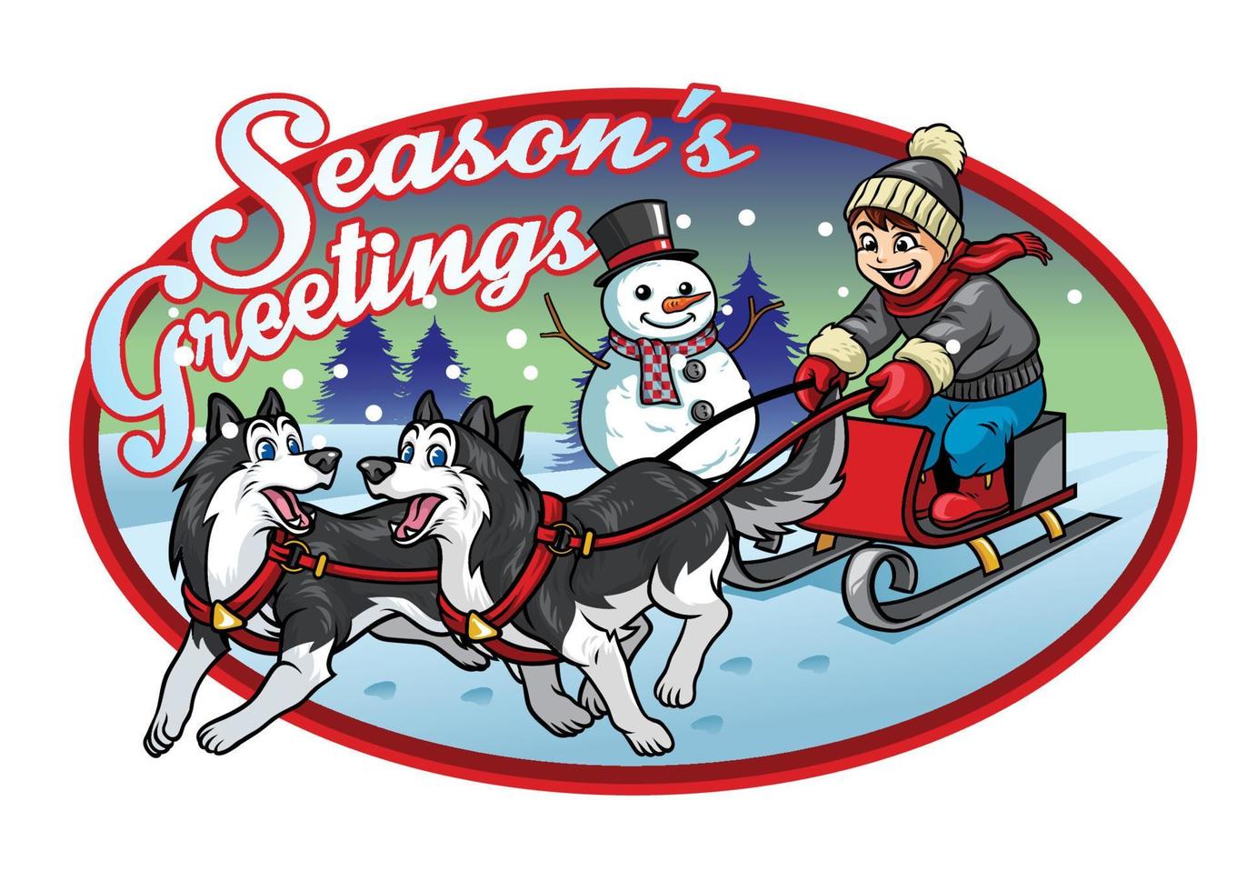 boy riding the sleigh with his huskies dogs vector