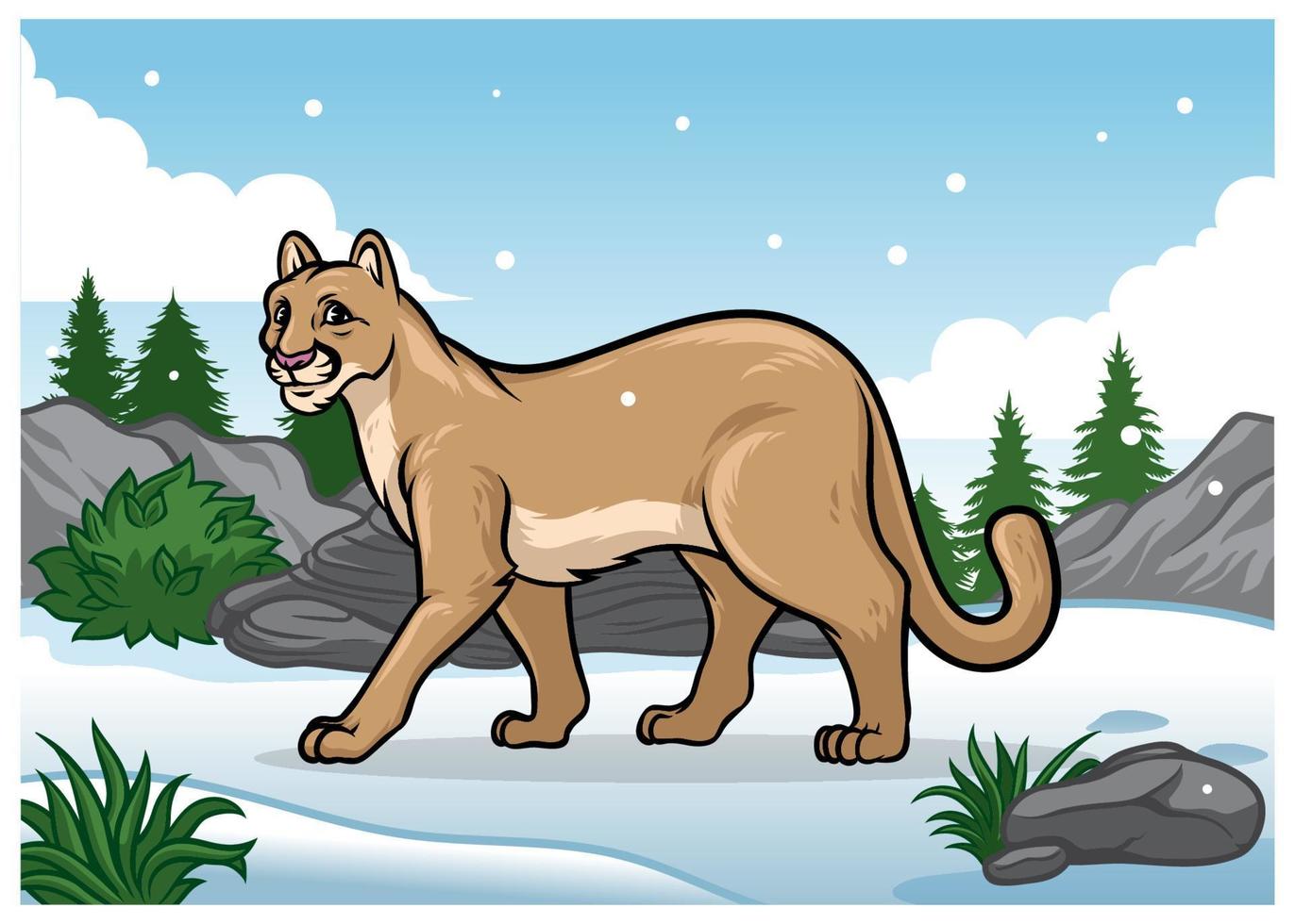 cartoon cougar illustration in the snowy mountain vector