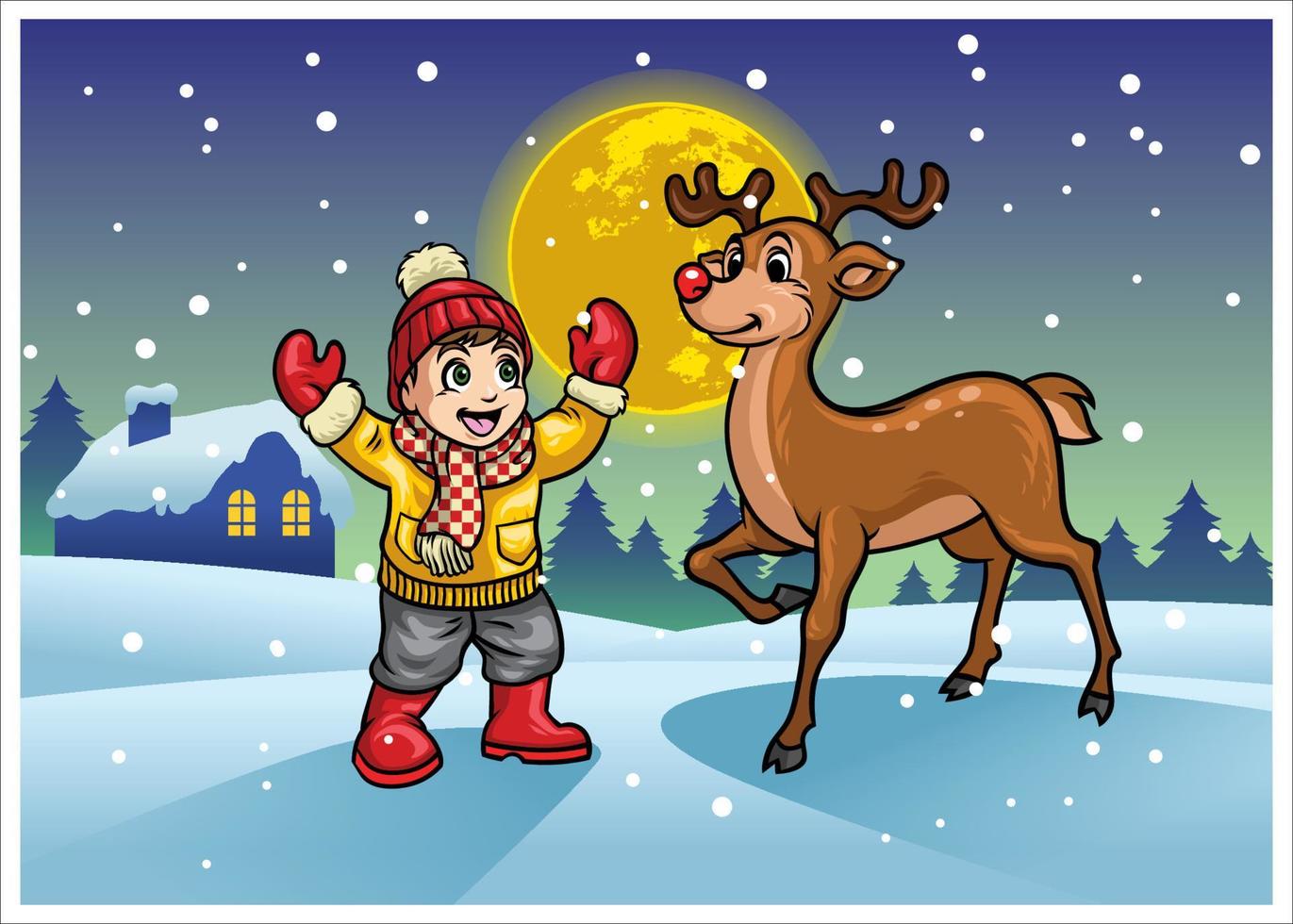 cheerful boy with the reindeer in the middle of snowy winter vector