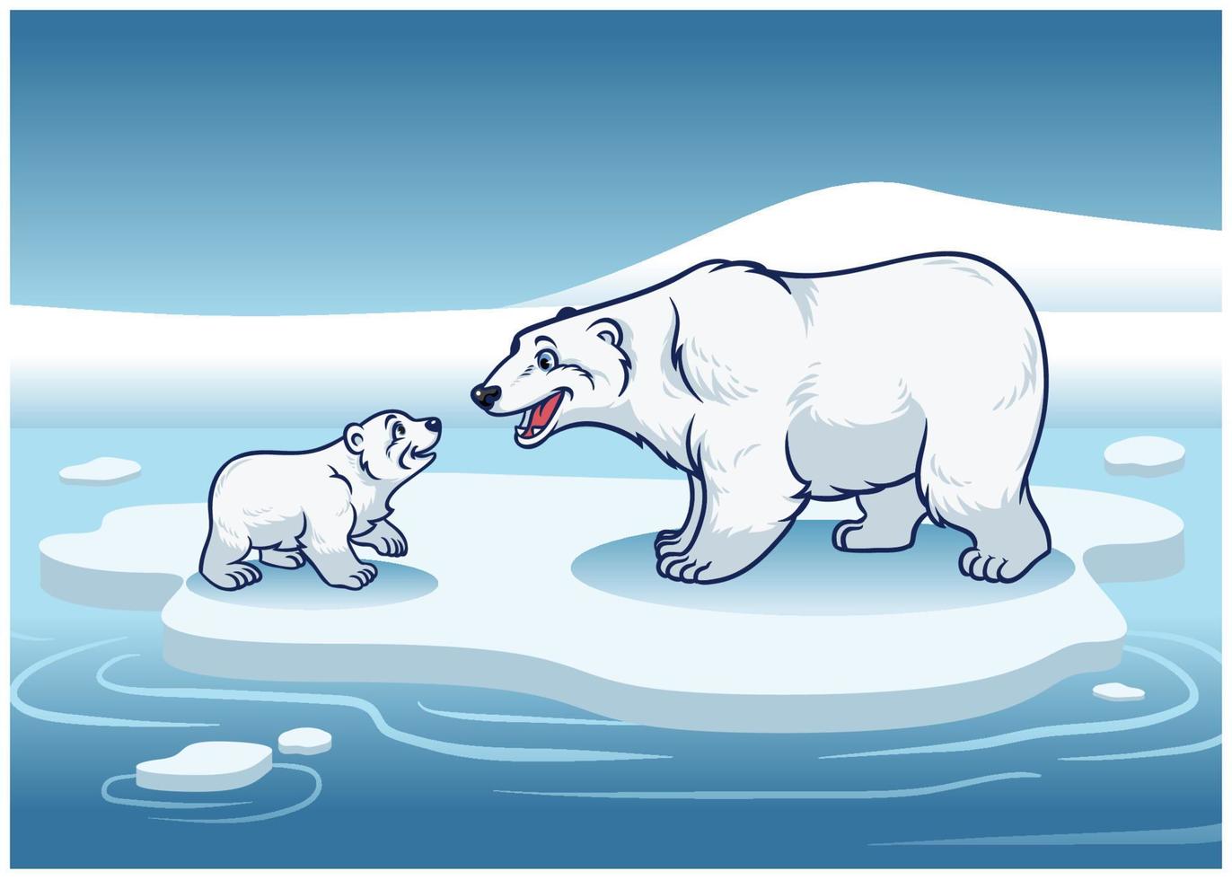 polar bear and her cub standing in the top of the ice vector