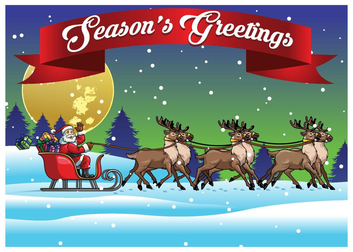 santa ride sleigh with his deers in the middle of snowy winter vector