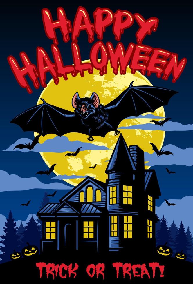 halloween design with with bat and haunted house vector