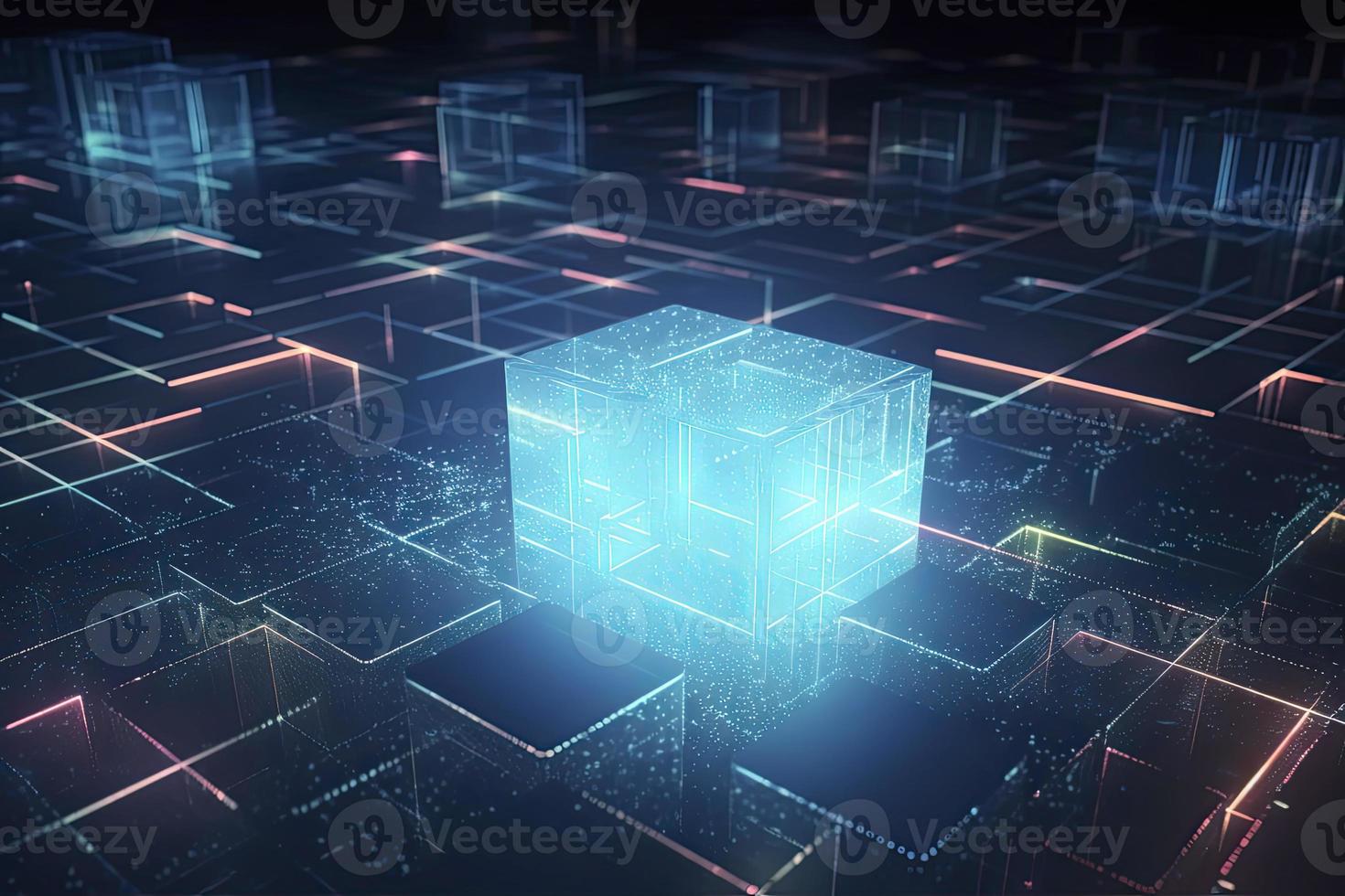 Abstract technology big data background concept. Artificial intelligence tech. Big data and cybersecurity. Transfer and storage of data sets, blockchain, server. Colorful background photo