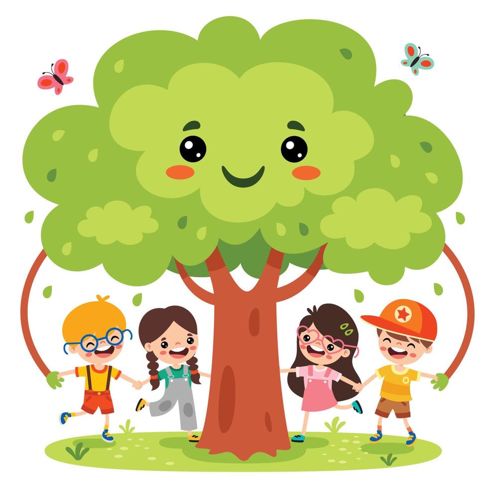 Cartoon Children Playing Under Tree vector