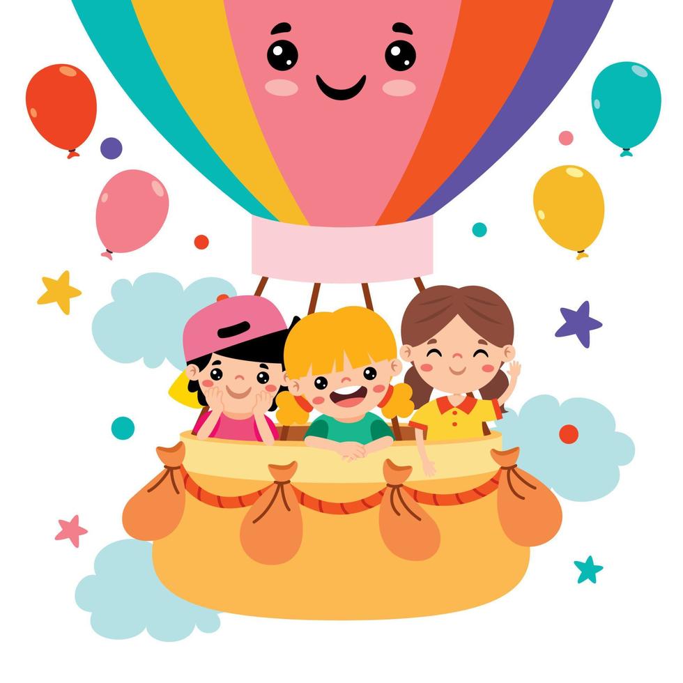 Cartoon Kids Riding A Hot Air Balloon vector