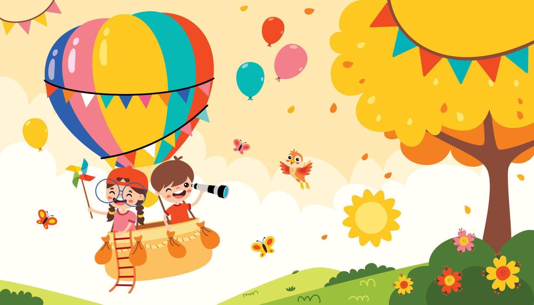 dibujos animados niños montando un caliente aire globo vector