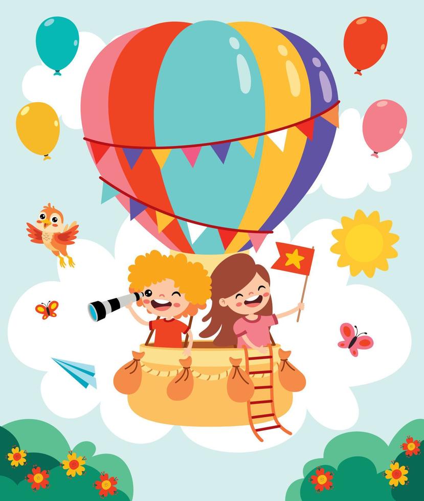 dibujos animados niños montando un caliente aire globo vector