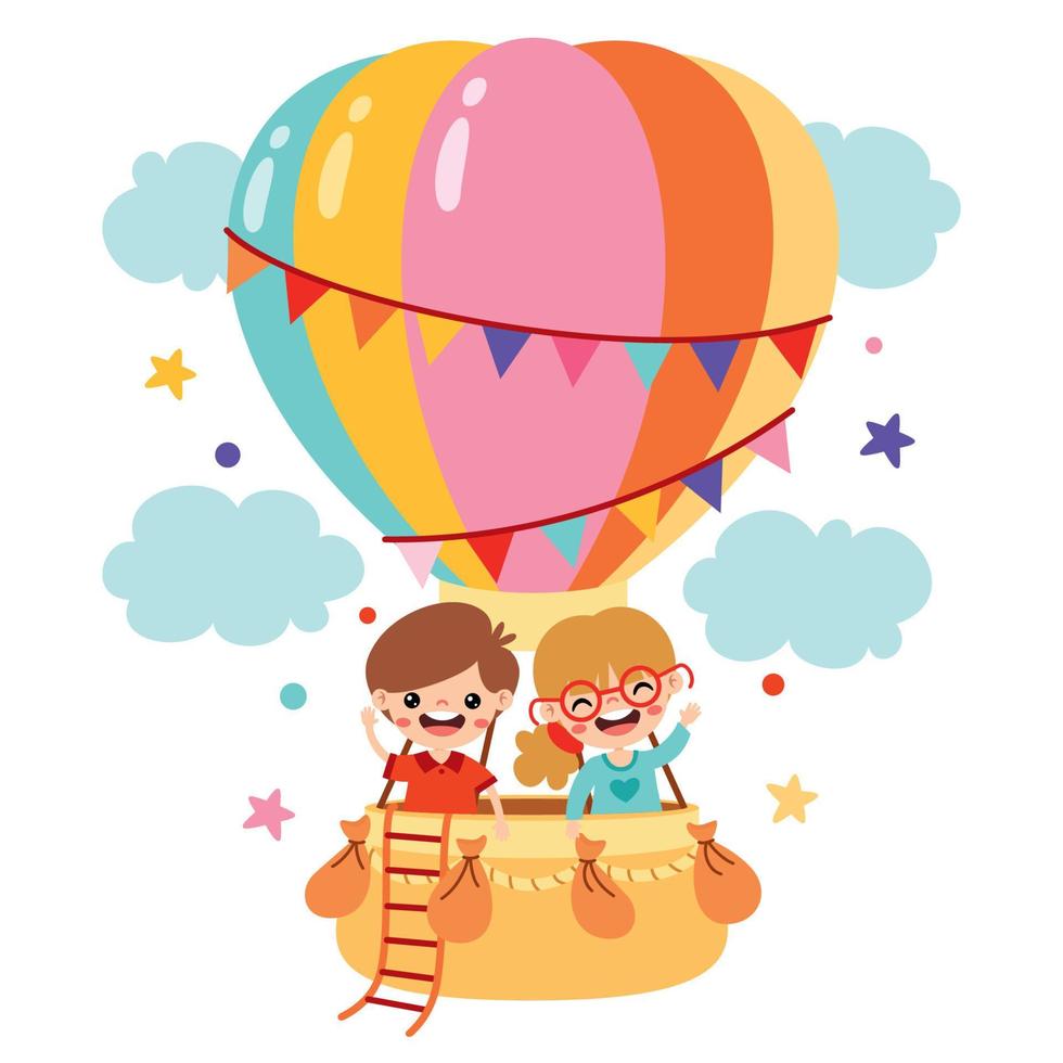 Cartoon Kids Riding A Hot Air Balloon vector