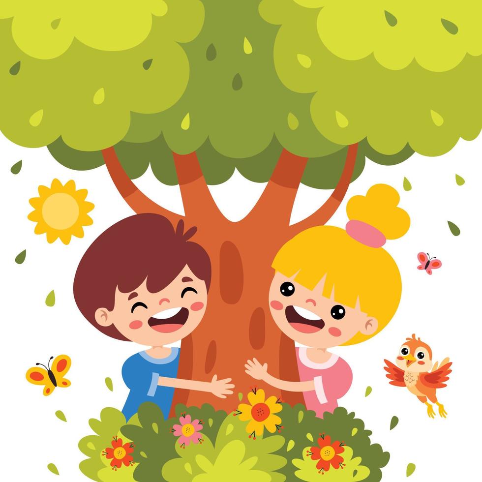 Cartoon Children Playing Under Tree vector