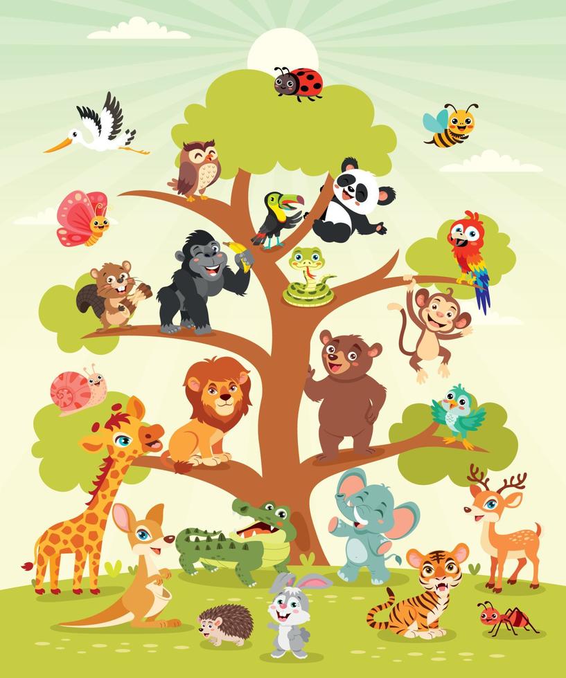 dibujos animados animales en un árbol vector