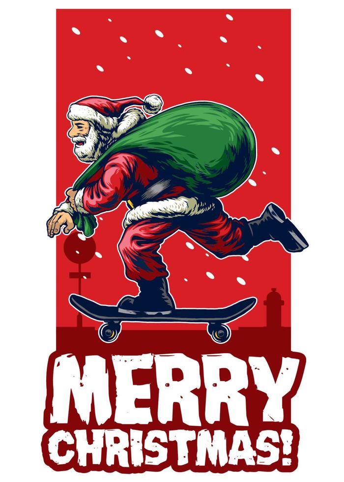 santa claus riding skateboard christmas card design vector