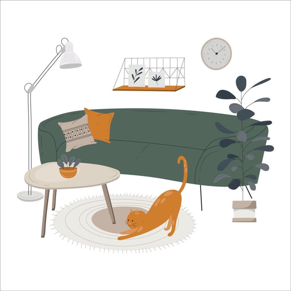 Cute interior with green sofa and houseplant and cat. Sofa, floor lamp, coffee table, indoor flower. Flat illustration, hand drawn style. Vector stock illustration isolated on white background.