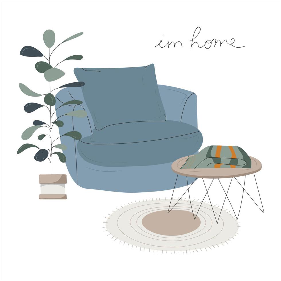 Cute interior with blue armchair, houseplant, coffee table. Luttering. Postcard with interior elements. Flat illustration, hand drawn style. Vector stock illustration isolated on white background.