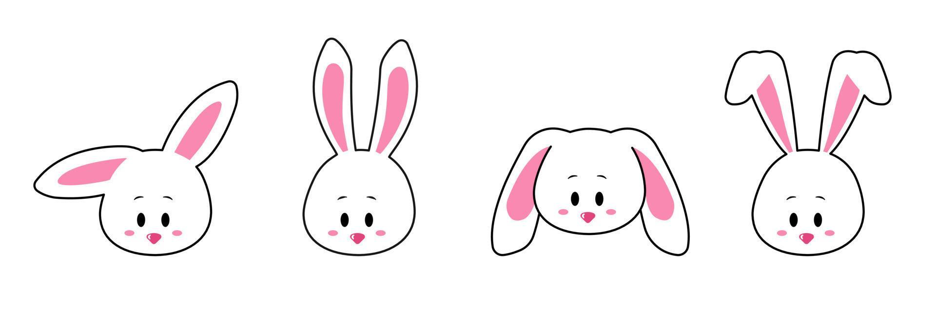 face set of a cute white rabbit. Kawaii bunny ear emoji, or bunny